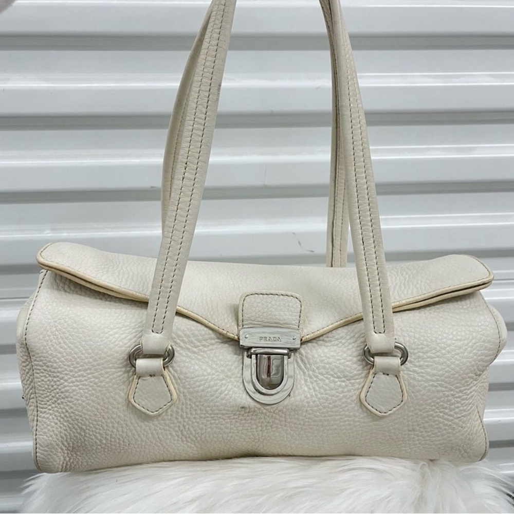 PRADA White Ivory Leather Boston Barrel Bag Tote Hobo Baguette